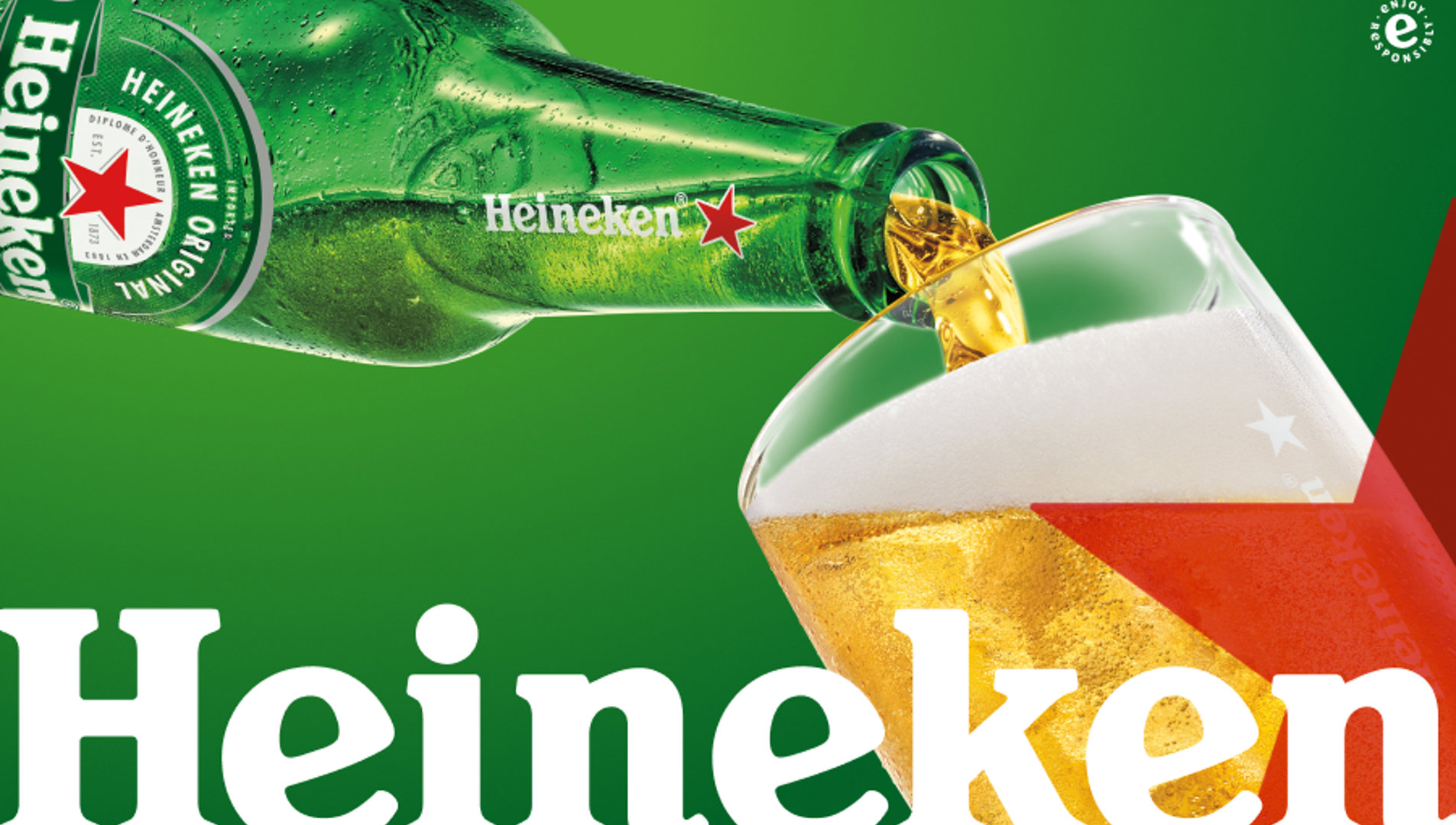 Close-up of a cold green Heineken bottle with water droplets, promoting a contest to win beer for a year